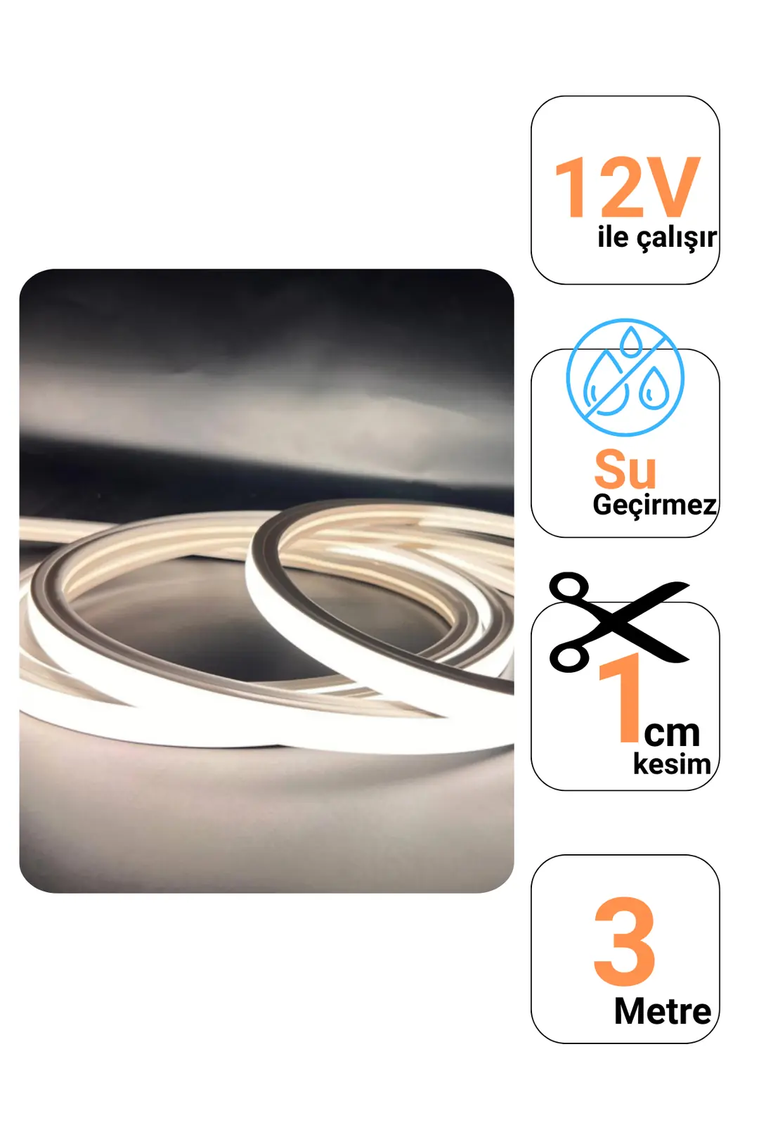 12 Volt Naturel Beyaz Neon Şerit Led (1 cm) 3