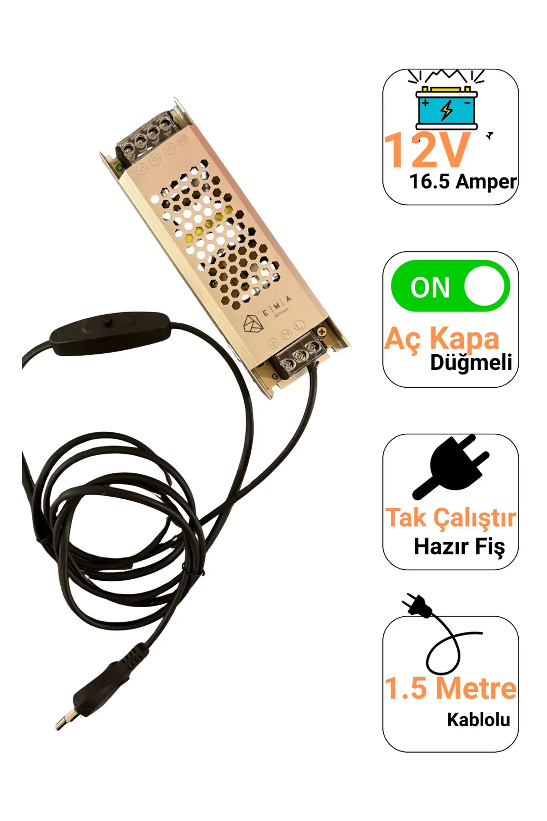12V 16.5A Ultra Slim LED Trafo Anahtarlı Fişli 180W İnce Kasa LED Sürücü Adaptör