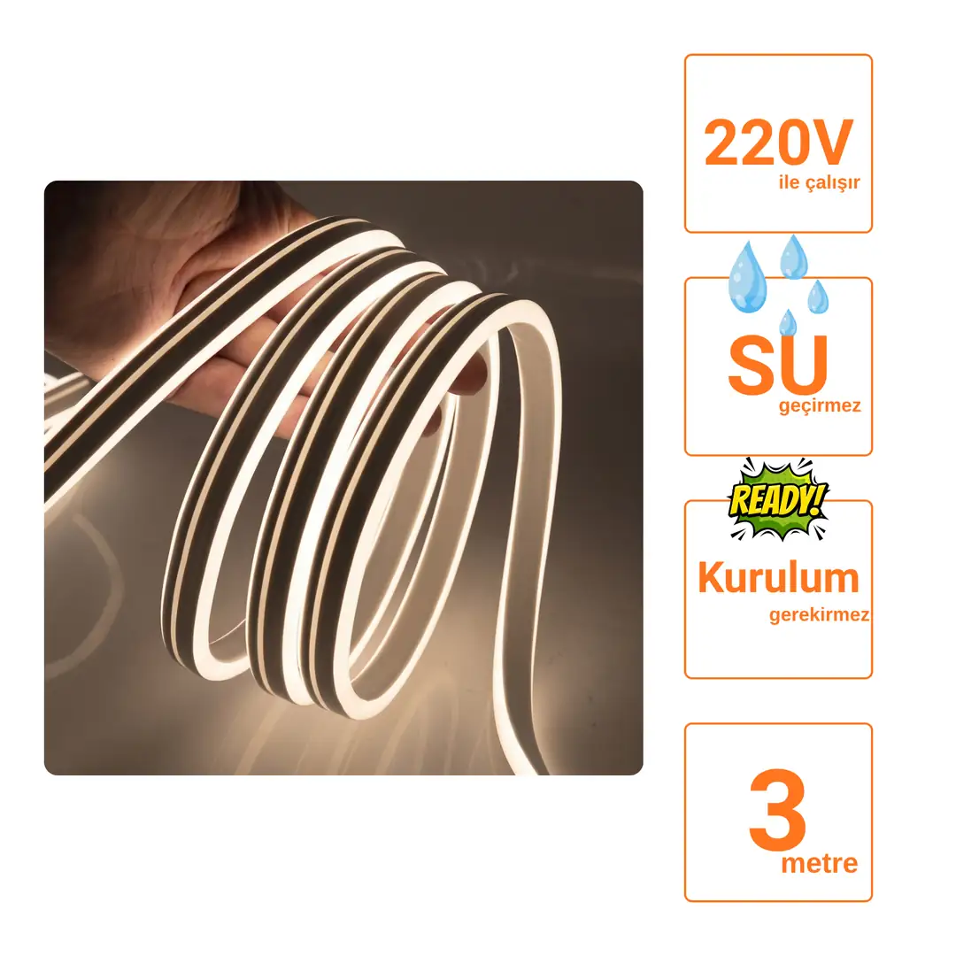 220 Volt Ilık Beyaz 4000K Neon Şerit Led - ek resim