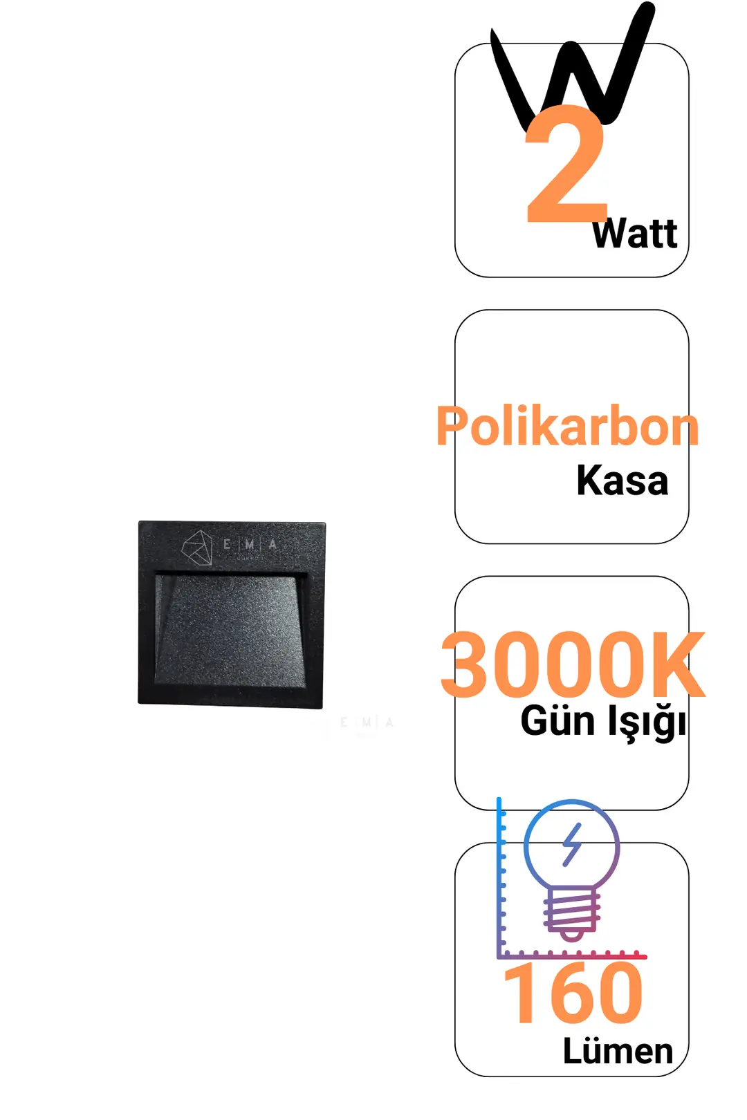 Forlife 2W Siyah Polikarbon Kasa Koridor Merdiven Aydınlatma Armatürü FL-1704 S 