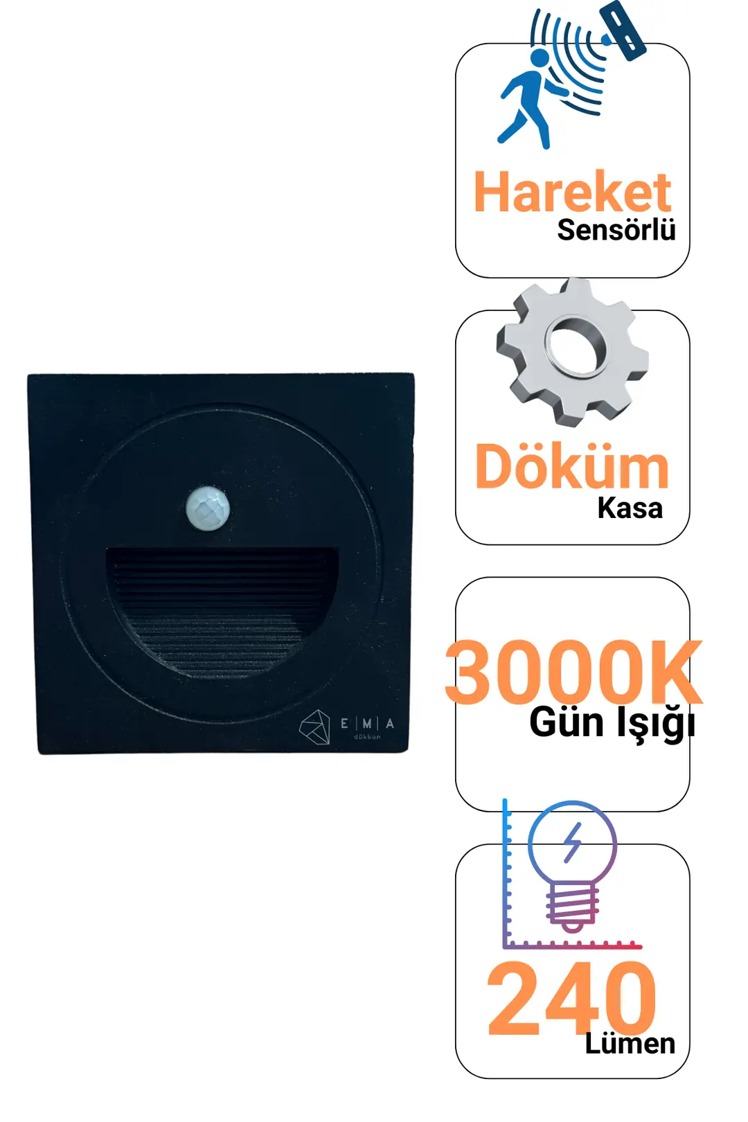 Forlife 3W Siyah Döküm Kasa Sensörlü Koridor Merdiven Aydınlatma FL-2291 S HS - Gün Işığı 3200K
