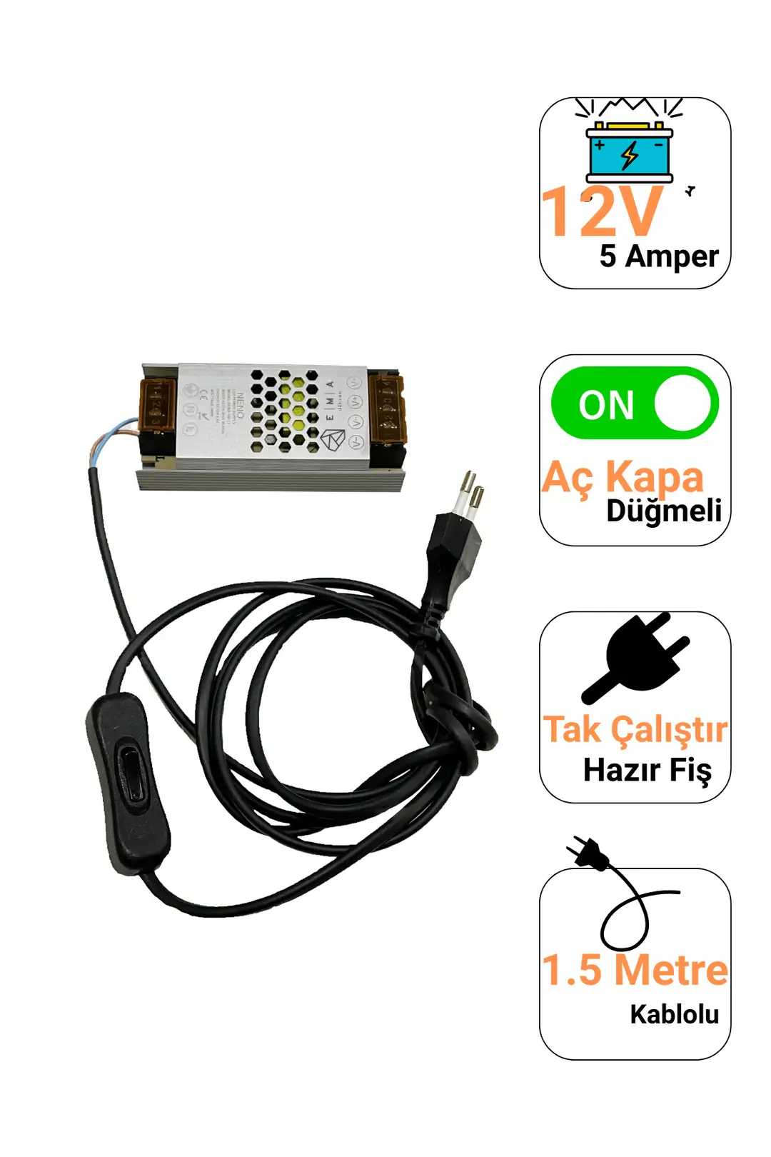 12V 5A Ultra Slim LED Trafo Anahtarlı Fişli 60W