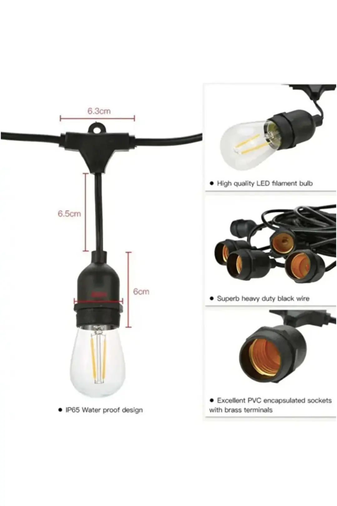 220V 20 Ampullü Bahçe Aydınlatma Seti 20 Metre IP65 S14 3000K Dış Mekan Lamba - ek resim