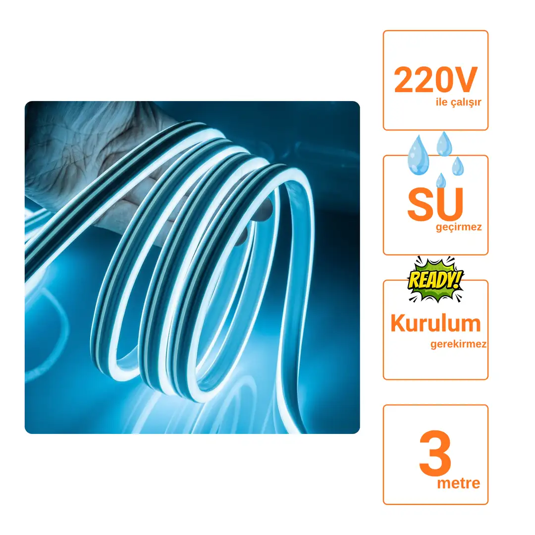 220 Volt Buz Mavisi Neon Şerit Led - ek resim