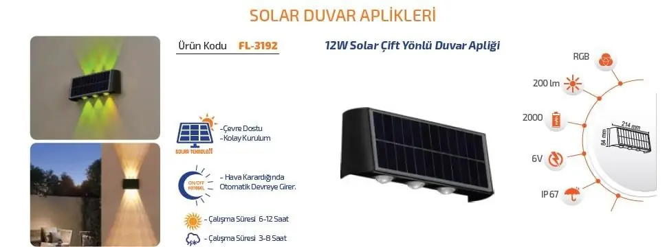 Forlife Solar Çift Yönlü Duvar Apliği 12W FL-3192 - ek resim