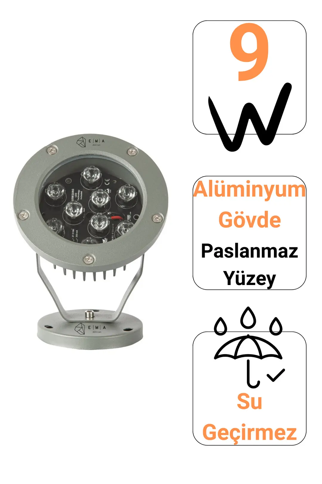 Bahçe Armatürü 9W 6500K | IP65 Alüminyum Gövde