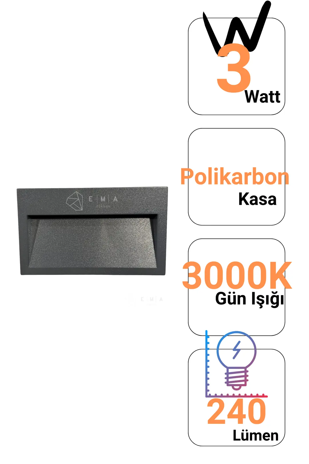 Forlife 3W Gri Polikarbon Kasa Koridor Merdiven Aydınlatma Armatürü FL-1701 R