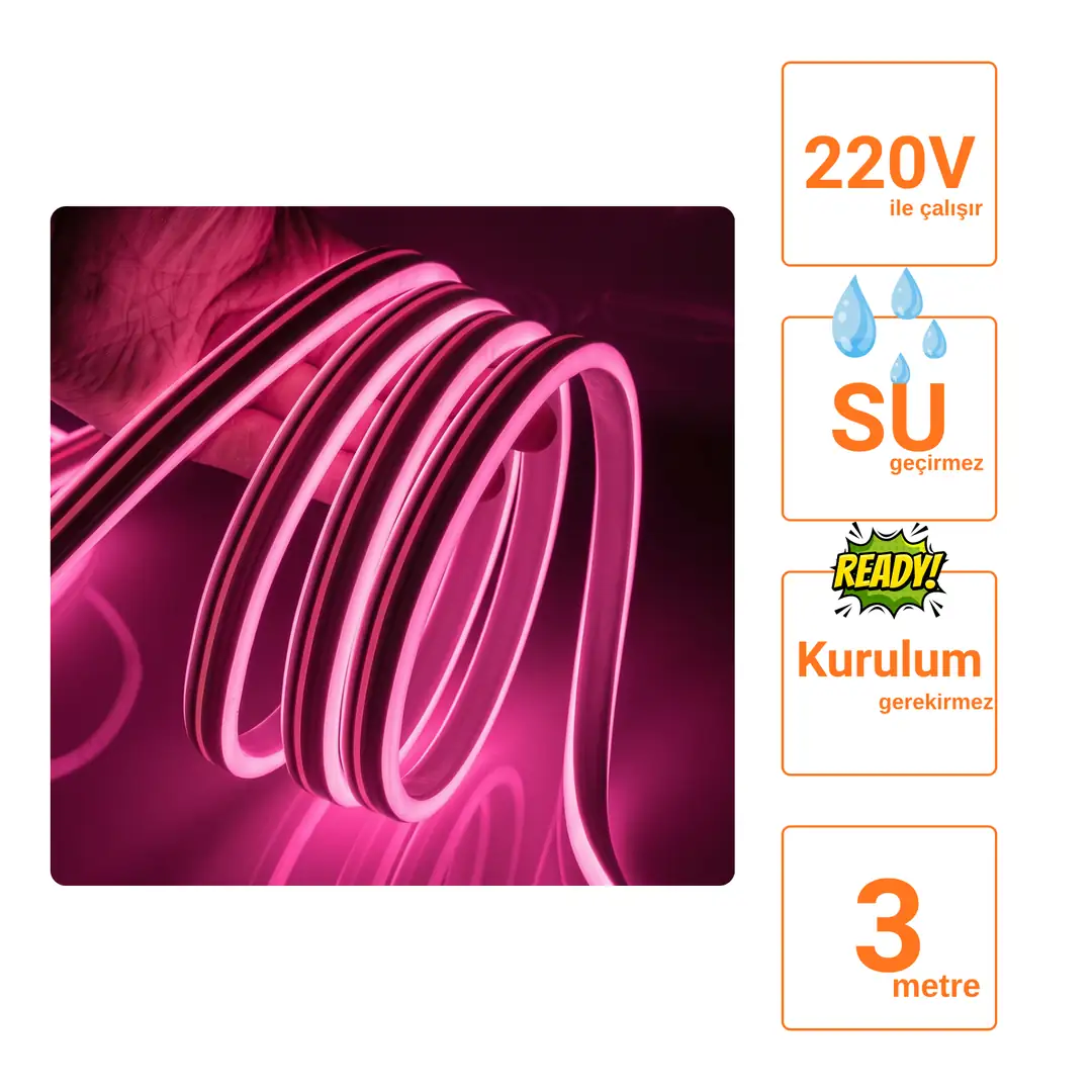220 Volt Pembe Neon Şerit Led - ek resim
