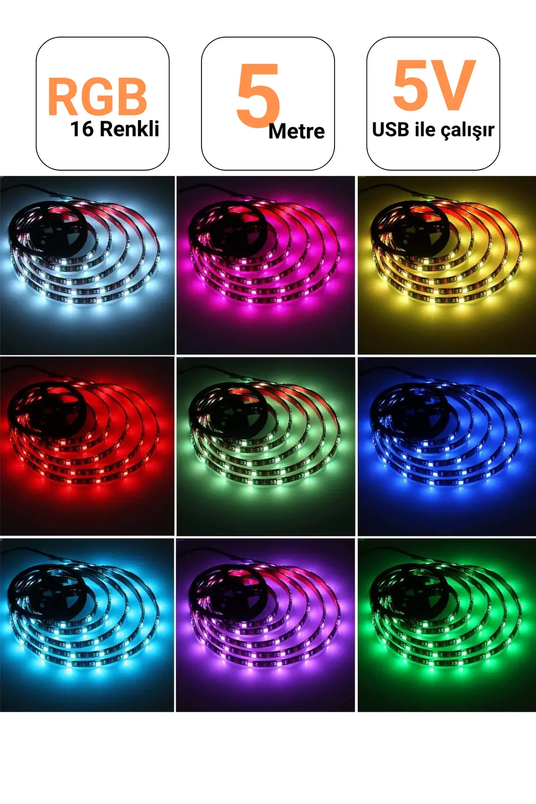 5V TV Monitör Arkası RGB Şerit Led - 5 Metre - ek resim